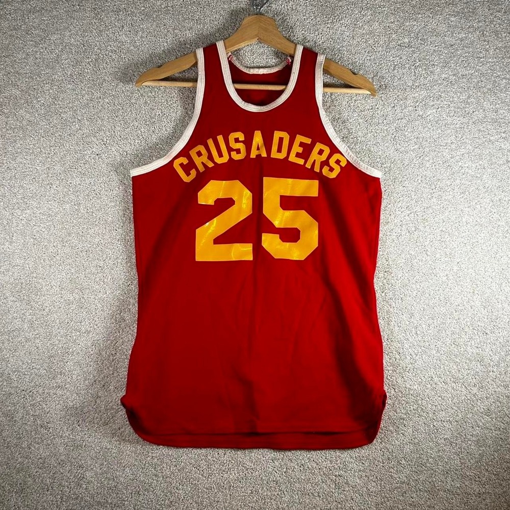 Vintage 80s red and yellow poly/rayon blend track and field tank top